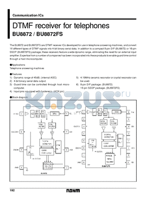 BU8872 datasheet - DTMF receiver for telephones