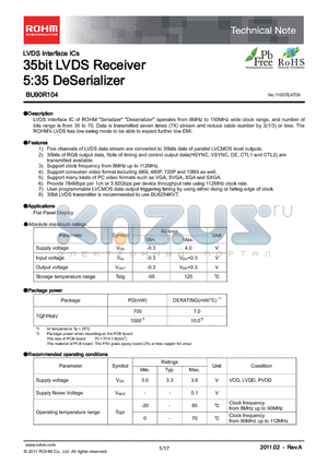 BU90R104 datasheet - 35bit LVDS Receiver 5:35 DeSerializer