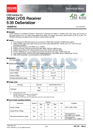 BU90R104-E2 datasheet - 35bit LVDS Receiver 5:35 DeSerializer