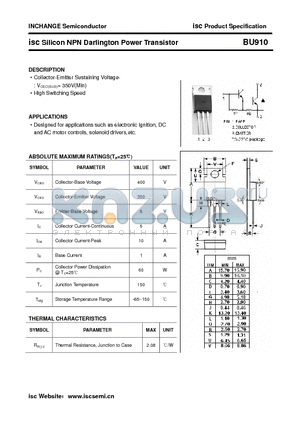 BU910 datasheet - isc Silicon NPN Darlington Power Transistor