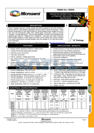 1N5802_07 datasheet - VOIDLESS-HERMETICALLY-SEALED ULTRAFAST RECOVERY GLASS RECTIFIERS