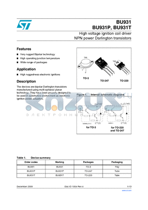 BU931 datasheet - High voltage ignition coil driver NPN power Darlington transistors