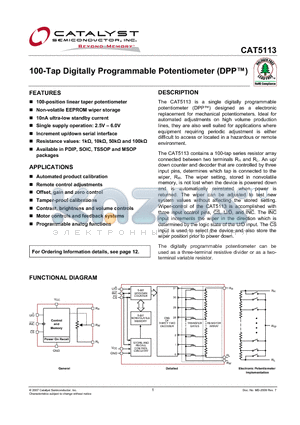 CAT5113 datasheet - 100-Tap Digitally Programmable Potentiometer (DPP)