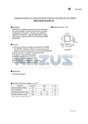 BU9534KV datasheet - Signal processor LSI with anti-shock memory controller for CD players