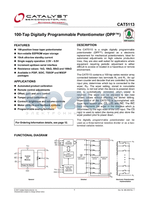 CAT5113LI-00-G datasheet - 100-Tap Digitally Programmable Potentiometer (DPP)