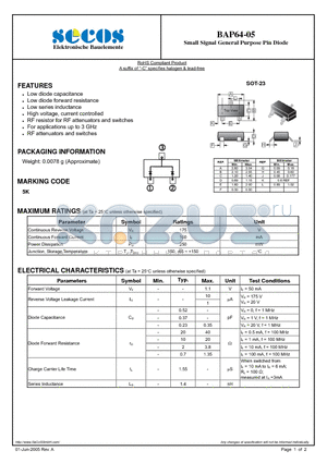 BAP64-05 datasheet - Small Signal General Purpose Pin Diode