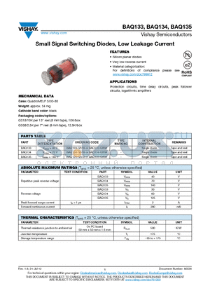 BAQ133 datasheet - Small Signal Switching Diodes, Low Leakage Current