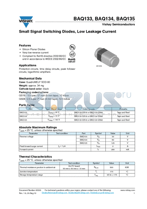 BAQ135 datasheet - Small Signal Switching Diodes, Low Leakage Current