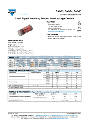 BAQ33B datasheet - Small Signal Switching Diodes, Low Leakage Current