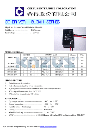 BUCK01-1000 datasheet - High Power Constant Current LED Driver Dimmable