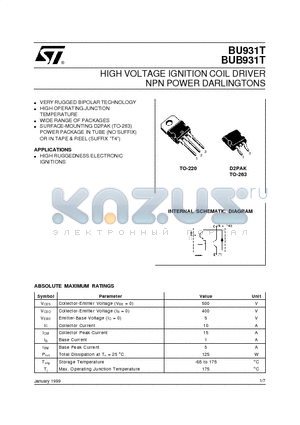 BUB931T datasheet - HIGH VOLTAGE IGNITION COIL DRIVER NPN POWER DARLINGTONS