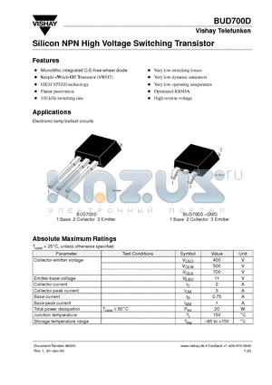 BUD700D-SMD datasheet - Silicon NPN High Voltage Switching Transistor