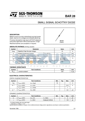 BAR28 datasheet - SMALL SIGNAL SCHOTTKY DIODE