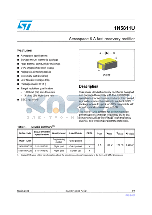 1N5811U datasheet - Aerospace 6 A fast recovery rectifier