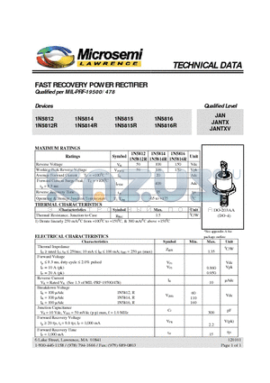 1N5812R datasheet - FAST RECOVERY POWER RECTIFIER