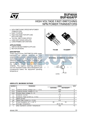 BUF405AFP datasheet - HIGH VOLTAGE FAST-SWITCHING NPN POWER TRANSISTORS