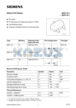 BAR16-1 datasheet - Silicon PIN Diodes