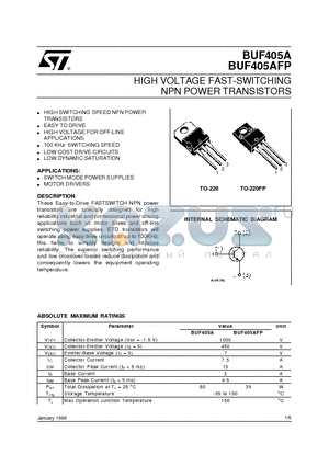 BUF405A datasheet - HIGH VOLTAGE FAST-SWITCHING NPN POWER TRANSISTORS