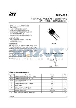 BUF420A datasheet - HIGH VOLTAGE FAST-SWITCHING NPN POWER TRANSISTOR