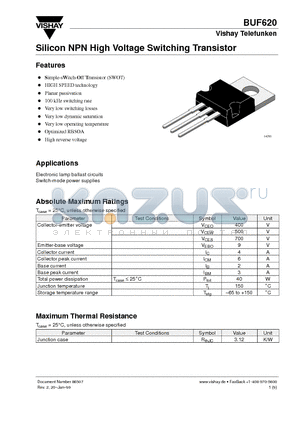 BUF620 datasheet - Silicon NPN High Voltage Switching Transistor