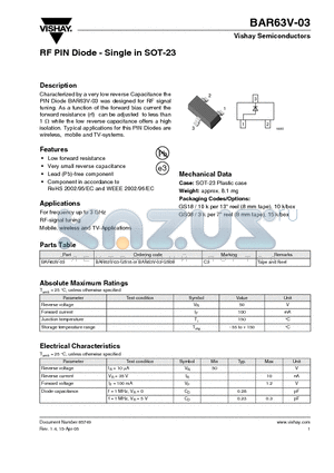 BAR63V-03-GS18 datasheet - RF PIN Diode - Single in SOT-23