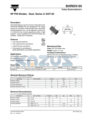 BAR63V-04-GS08 datasheet - RF PIN Diodes - Dual, Series in SOT-23