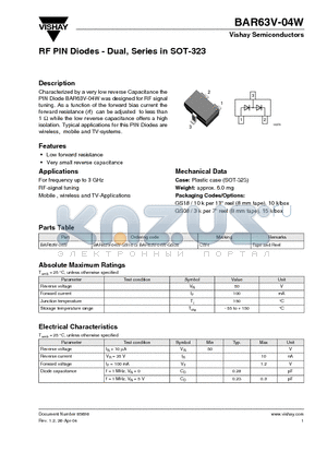 BAR63V-04W datasheet - RF PIN Diodes - Dual, Series in SOT-323