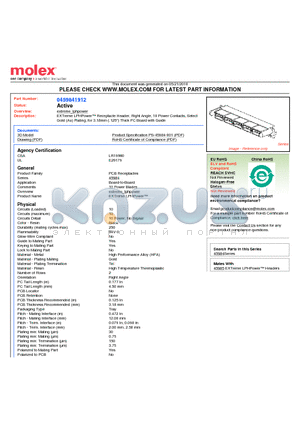 0459841912 datasheet - EXTreme LPHPower Receptacle Header, Right Angle, 10 Power Contacts, Select Gold (Au) Plating, for 3.18mm (.125