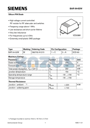 BAR64-02 datasheet - Silicon PIN Diode (High voltage current controlled RF resistor for RF attenuator and switches Frequency range above 1 MHz)