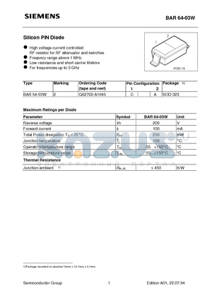 BAR64-03W datasheet - Silicon PIN Diode