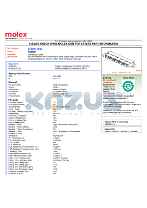 0459841932 datasheet - EXTreme LPHPower Receptacle Header, Right Angle, 10 Power Contacts, Select Gold (Au) Plating