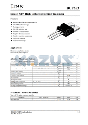 BUF653 datasheet - Silicon NPN High Voltage Switching Transistor