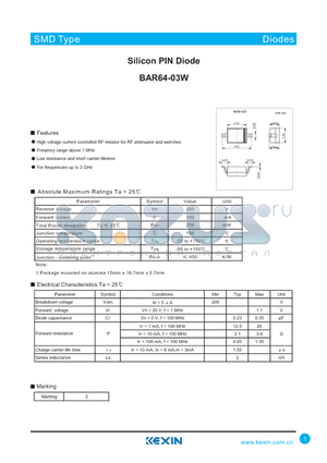 BAR64-03W datasheet - Silicon PIN Diode