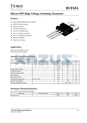 BUF654 datasheet - Silicon NPN High Voltage Switching Transistor
