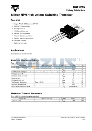 BUF7216 datasheet - Silicon NPN High Voltage Switching Transistor