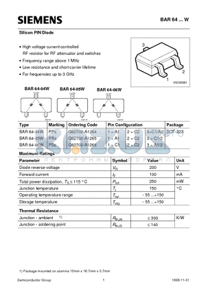 BAR64-04W datasheet - Silicon PIN Diode (High voltage current controlled RF resistor for RF attenuator and switches Frequency range above 1 MHz)