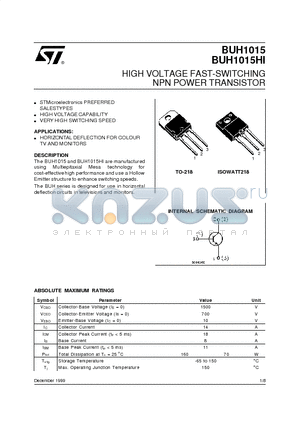 BUH1015HI datasheet - HIGH VOLTAGE FAST-SWITCHING NPN POWER TRANSISTOR