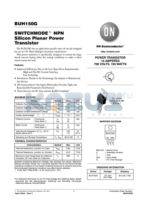 BUH150G datasheet - SWITCHMODE NPN Silicon Planar Power Transistor