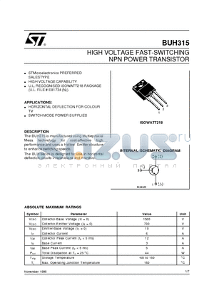 BUH315 datasheet - HIGH VOLTAGE FAST-SWITCHING NPN POWER TRANSISTOR