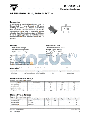 BAR64V-04 datasheet - RF PIN Diodes - Dual, Series in SOT-23