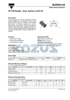 BAR64V-04-GS08 datasheet - RF PIN Diodes - Dual, Series in SOT-23