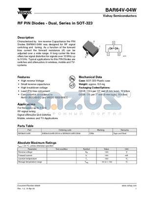 BAR64V-04W datasheet - RF PIN Diodes - Dual, Series in SOT-323
