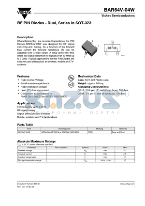 BAR64V-04W-GS08 datasheet - RF PIN Diodes - Dual, Series in SOT-323