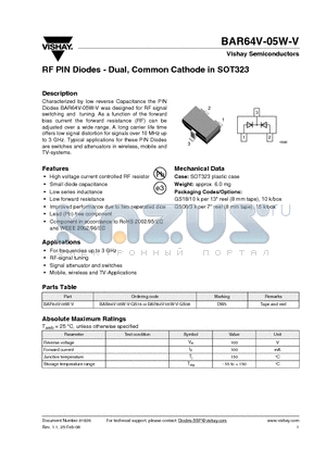 BAR64V-05W-V datasheet - RF PIN Diodes - Dual, Common Cathode in SOT323