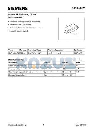 BAR65-03 datasheet - Preliminary data Silicon RF Switching Diode (Low loss, low capacitance PIN-diode Band switch for TV-tuners)