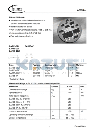 BAR65-03W datasheet - Silicon PIN Diode