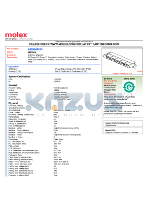 0459844914 datasheet - EXTreme LPHPower Receptacle Header, Right Angle, 4 Power Contacts, SelectGold (Au) Plating, for 3.18mm (.125