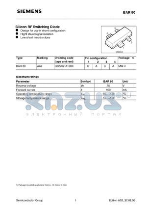 BAR80 datasheet - Silicon RF Switching Diode (Design for use in shunt configuration Hight shunt signal isolation Low shunt insertion loss)