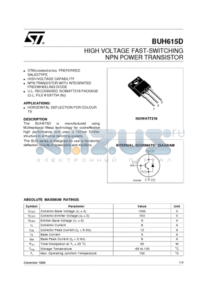BUH615D datasheet - HIGH VOLTAGE FAST-SWITCHING NPN POWER TRANSISTOR