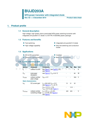 BUJD203A datasheet - NPN power transistor with integrated diode